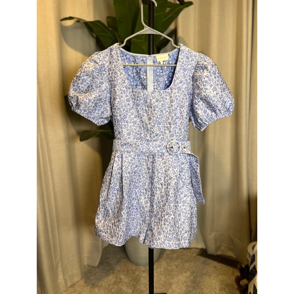Entro Blue Floral Brocade Puff Sleeve Belted Romper Size L